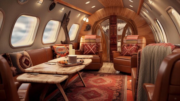 L'interno di un jet privato con un divano e un tavolo con tavolino.