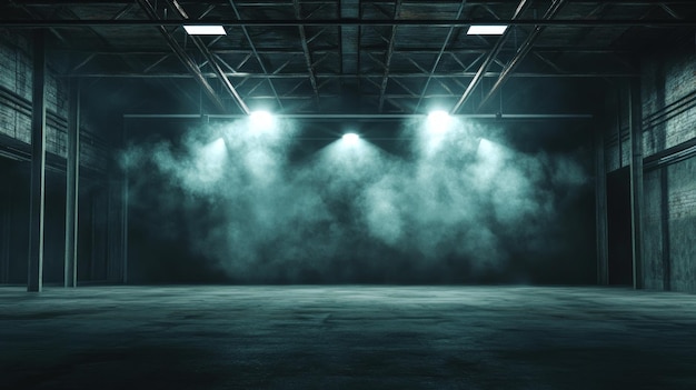 L'interno di un magazzino industriale illuminato da proiettori con un'atmosfera fumosa