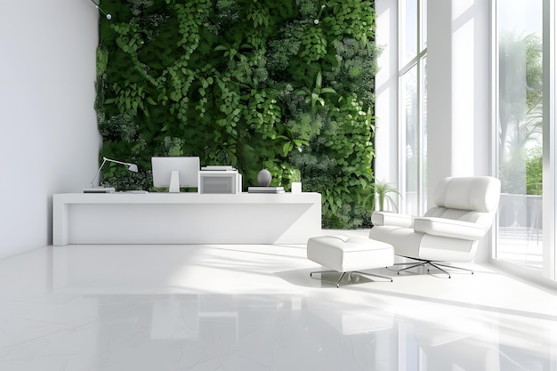 l'interno di un moderno ufficio in toni bianchi utilizzando una parete verticale verde viventeil concetto di sostenibilità prendersi cura del pianetaecocondizionicambio climatico aumento dei livelli di ossigeno qualità dell'aria
