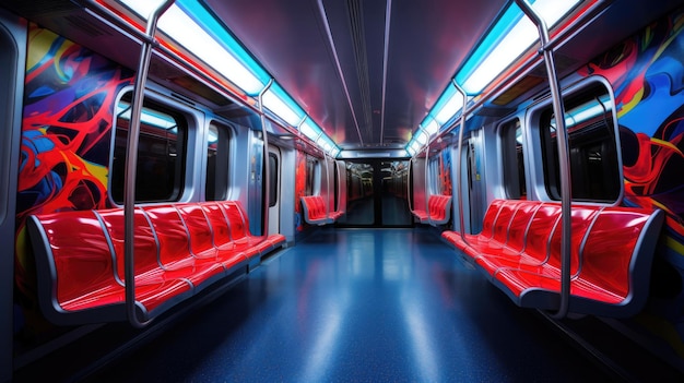 L'interno di un moderno vagone della metropolitana, superfici metalliche eleganti, sedili vivaci