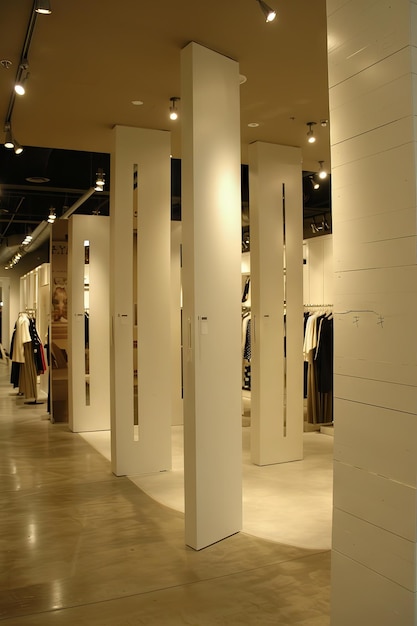 L'interno di un negozio di abbigliamento femminile chic presenta pareti bianche in contrasto con le pareti di partizione di tonalità Molteni e una fusione di modernismo vintage nel suo design