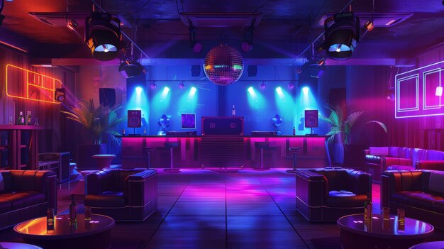 L'interno di un nightclub contiene un DJ stand e altoparlanti in scena una pista da ballo tavoli con bottiglie e cocktail in sedie di vetro divani neon segni luminosi e una palla discoteca bar appeso da