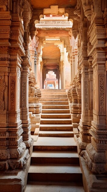 L'interno di un tempio con una scalinata in pietra e la parola jaisalmer a sinistra.