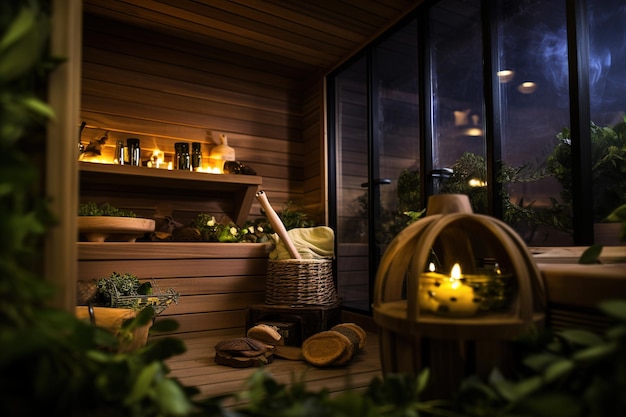 l'interno di una bella sauna in legno in un cottage