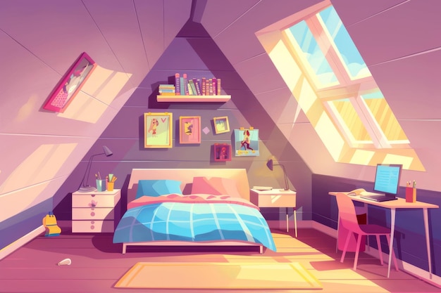 L'interno di una camera da letto per ragazze in soffitta Cartoon moderno di una stanza per adolescenti con un letto non fatto uno spazio di lavoro per studiare con una scrivania e un computer e libri sulle pareti