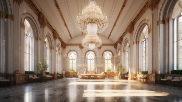 L'interno di una chiesa con un lampadario appeso al soffitto.