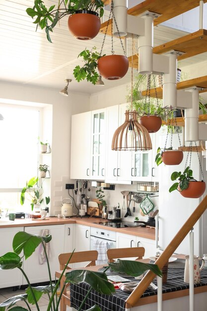 L'interno di una cucina bianca con una scala metallica in un cottage con piante in vaso in piantagioni appese Casa verde in stile moderno