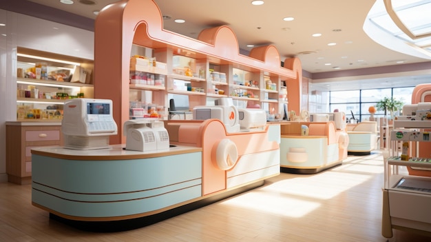 L'interno di una farmacia moderna con una combinazione di colori pastello rosa e blu