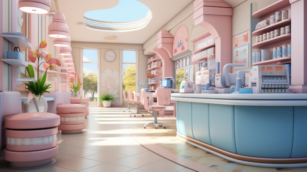 L'interno di una moderna farmacia con colori pastello rosa e blu