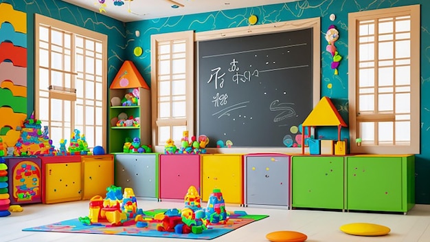 L'interno di una sala giochi in un giardino d'infanzia armadi pieni di vari giocattoli e mobili colorati