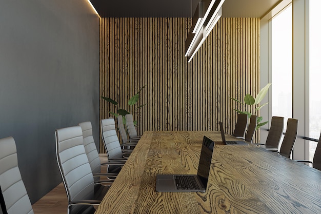 L'interno di una sala riunioni di lusso in legno e cemento con mobili e finestra panoramica con vista sulla città Rendering 3D