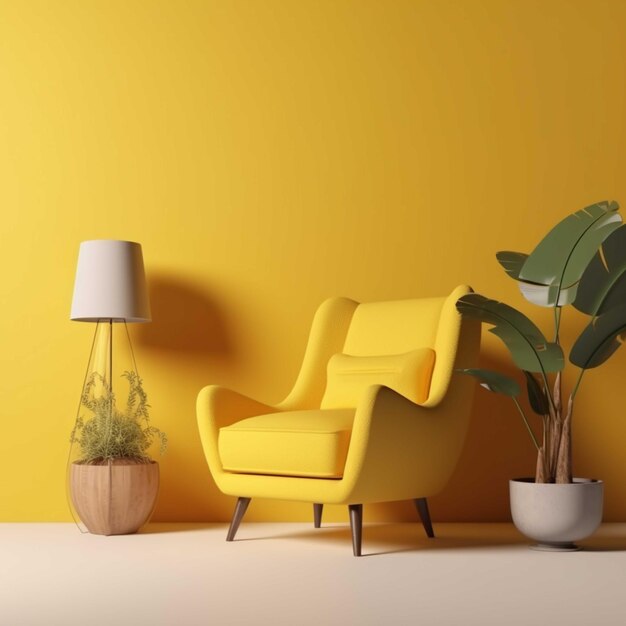 L'interno giallo del salone con la poltrona gialla e la lampada 3d rendono