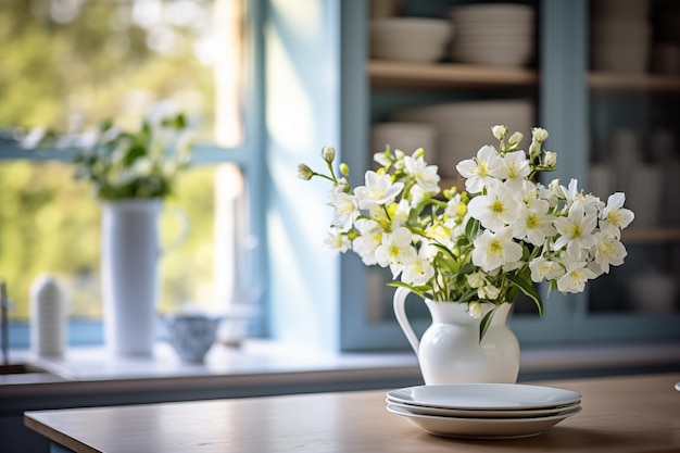 L'interno luminoso della cucina è costituito da un bouquet di fiori e piatti bianchi.