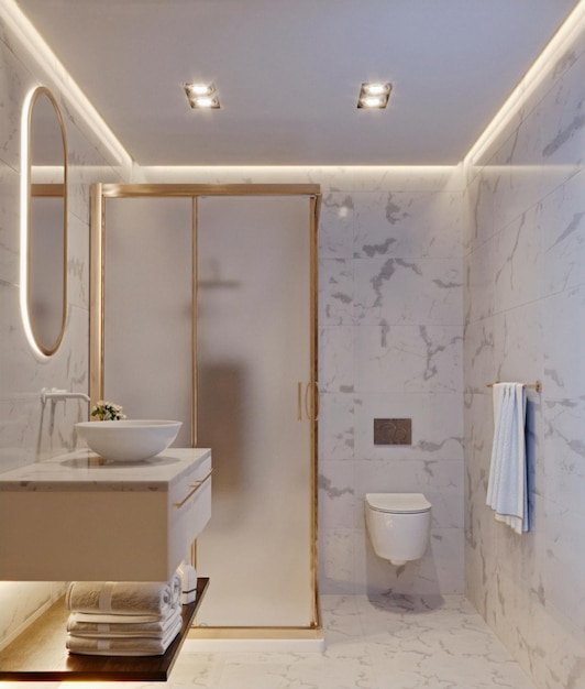 L'interno moderno del bagno con il rendering 3d di illuminazione del bordo del soffitto e della parete in marmo bianco