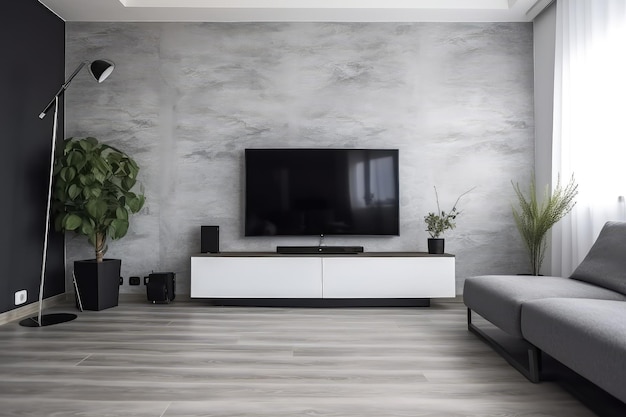 L'interno moderno del soggiorno di una casa reale enormi dimensioni della TV generata dall'AI