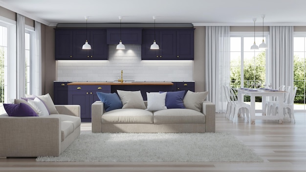 L'interno moderno della casa con una cucina viola scuro. Rendering 3D.