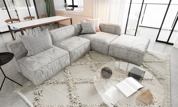 L'interno moderno e lussuoso del soggiorno è luminoso e pulito. illustrazione 3D