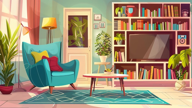 L'interno primaverile di un soggiorno con un divano, una poltrona, scaffali e una TV L'illustrazione moderna di un salotto con un tavolo da caffè, una lampada da pavimento e piante