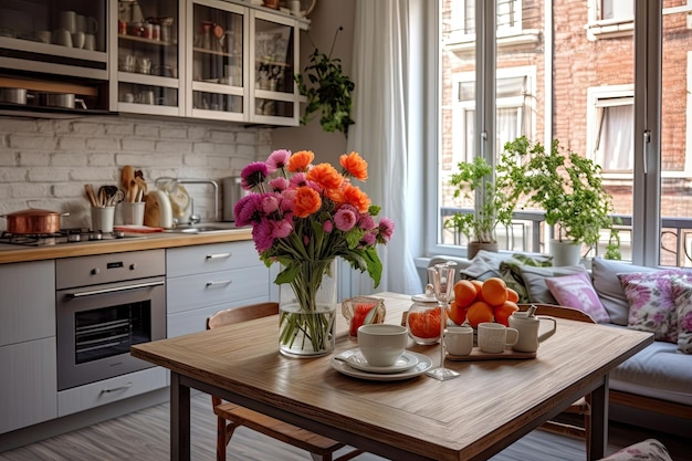 L'interno primaverile di una cucina moderna con bouquet di fiori primaverile l'umore primaverile generato dall'AI
