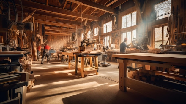 L'interno sfocato di un negozio di lavorazione del legno