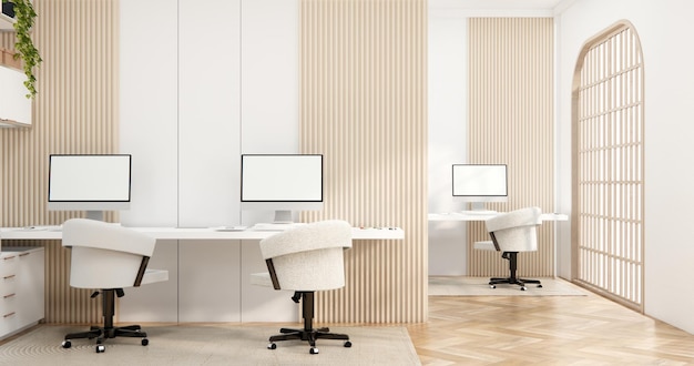 L'interno Strumenti per computer e ufficio sul design degli interni in stile muji della stanza della scrivania