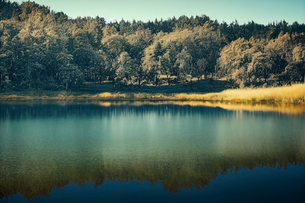 L'intero cielo, riflesso nell'acqua del lago. Ci sono alberi in riva al lago.