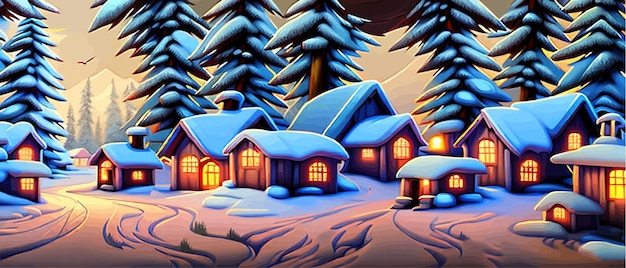 L'inverno sta arrivando Notte nevosa con case di foreste di conifere in ghirlande di neve leggera che cadono foreste di neve