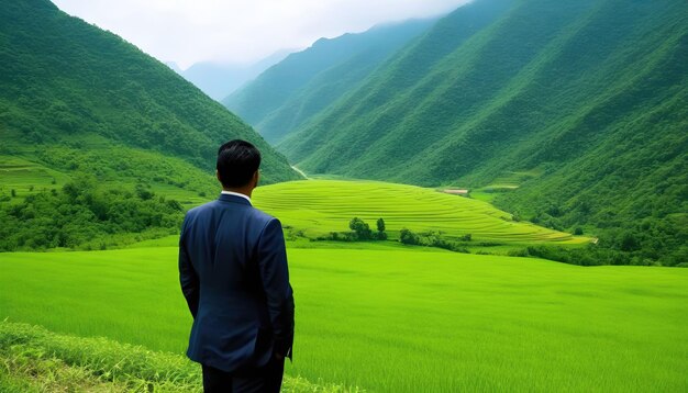 L'investitore immobiliare guarda il paesaggio di un terreno rurale in montagna