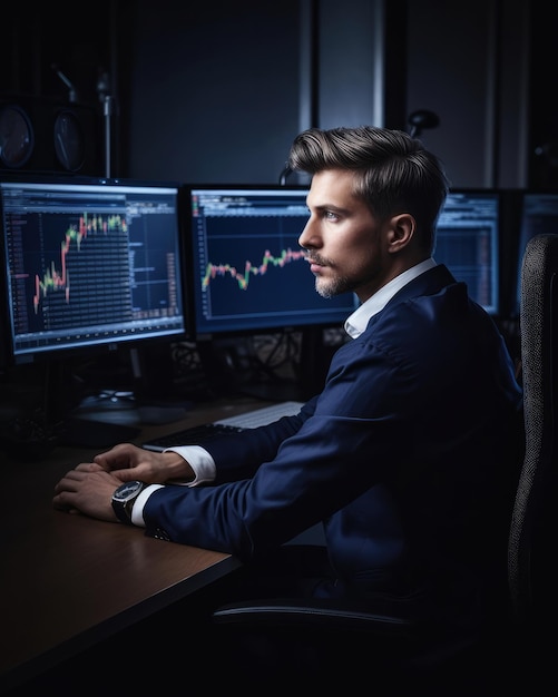 L'investitore trader professionista si siede sulla scrivania e guarda le grandi schermate dei grafici di trading