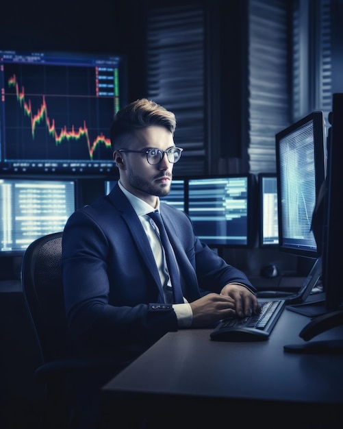 L'investitore trader professionista si siede sulla scrivania e guarda le grandi schermate dei grafici di trading