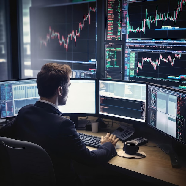 L'investitore trader professionista si siede sulla scrivania e guarda le grandi schermate dei grafici di trading