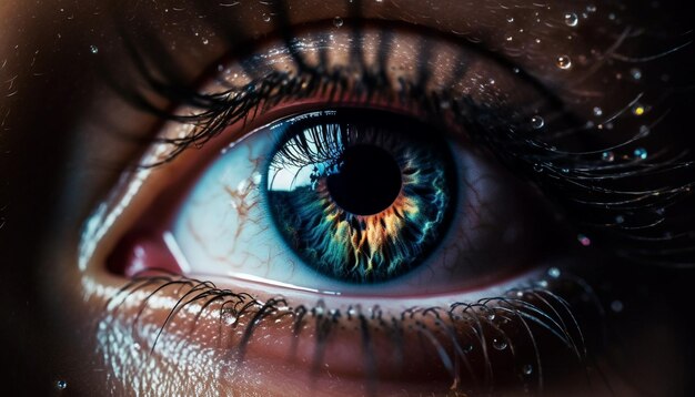 L'iride blu che fissa un riflesso della sorveglianza futuristica generata dall'intelligenza artificiale