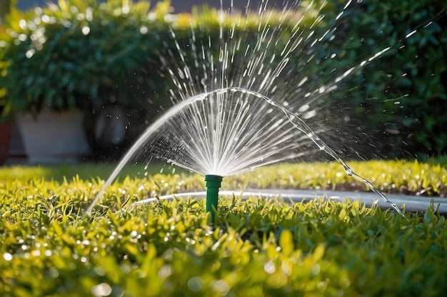 L'irrigatore automatico spruzza getti d'acqua sul prato, illumina il sole, cura del giardino e del prato