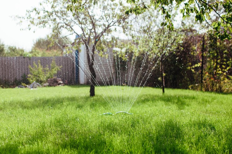 L'irrigatore da giardino irriga il concetto di giardinaggio e paesaggistica del prato