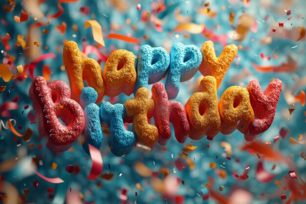 L'iscrizione colorata festiva Happy Birthday è perfetta per un biglietto di auguri 3D