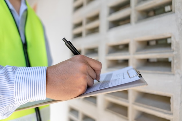 L'ispettore o l'ingegnere sta ispezionando la costruzione e la garanzia della qualità della nuova casa utilizzando una lista di controllo Gli ingegneri o gli architetti o il contattore lavorano per costruire la casa prima di consegnarla al proprietario della casa