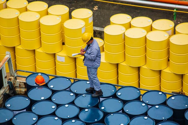 L'ispezione del lavoratore maschio registra i barili di scorta di olio del tamburo gialli verticali o chimici per il maschio del camion di trasporto nell'industria