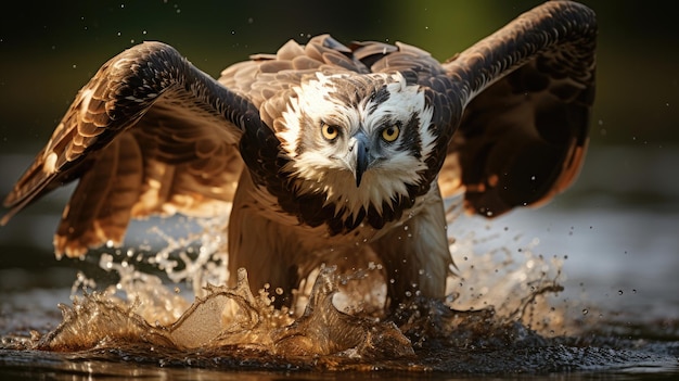 l'istinto di caccia dell'aquila falco pescatore scivola sull'acqua per pescare al tramonto