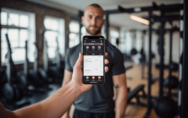 L'istruttore di fitness mostra agli uomini i risultati sportivi e le statistiche sullo schermo del telefono cellulare negli sport