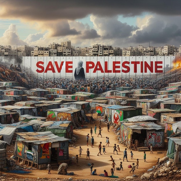 L'obiettivo ad ampio angolo cattura il paesaggio esteso del campo profughi con la bandiera Save Palestine