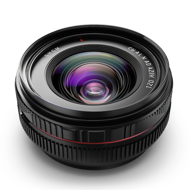 L'obiettivo della fotocamera professionale su uno sfondo bianco pulito Precisione nella fotografia