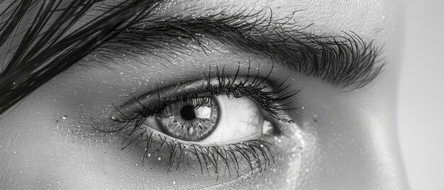 L'occhio di una donna con effetti visivi è isolato da vicino su uno sfondo bianco