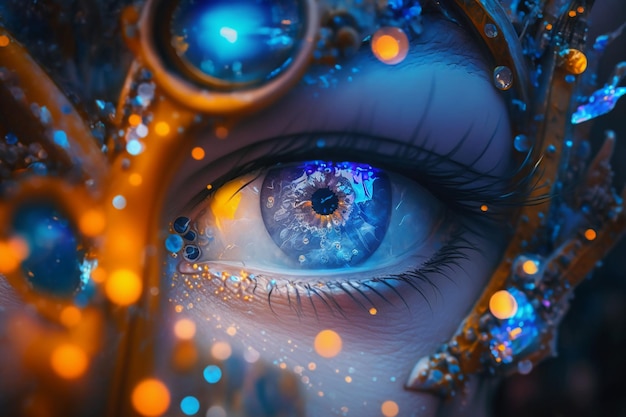 L'occhio di una donna con uno sfondo blu e arancione