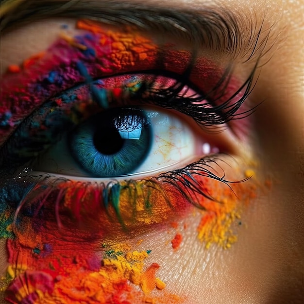 L'occhio di una donna è coperto da un trucco occhi blu brillante