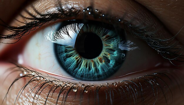 L'occhio umano guarda la fotocamera che riflette la bellezza e l'assistenza sanitaria generate dall'intelligenza artificiale