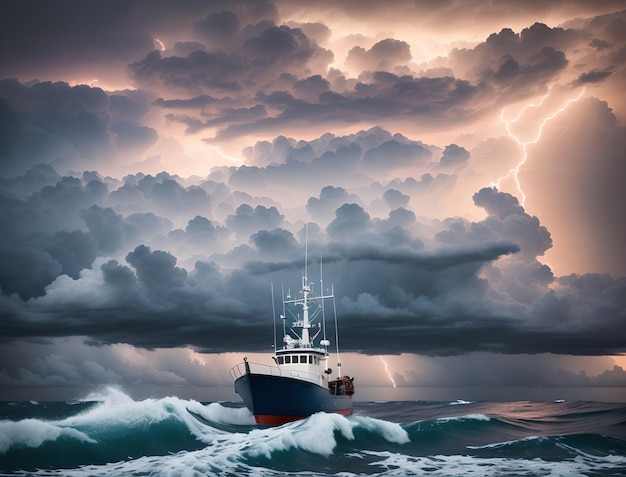 L'oceano sta tremando. tempesta nell'oceano, temporale, fulmine, nuvole, cielo scintillante