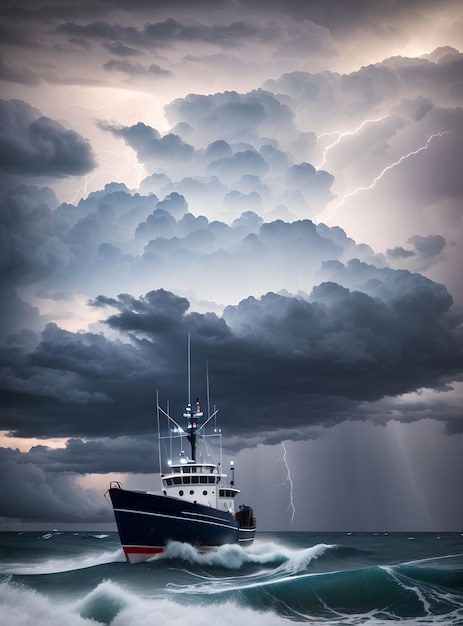 L'oceano sta tremando. tempesta nell'oceano, temporale, fulmine, nuvole, cielo scintillante