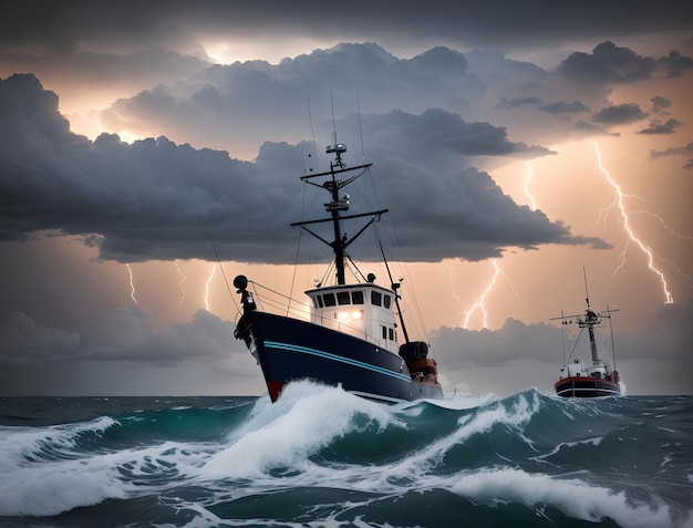 L'oceano sta tremando. tempesta nell'oceano, temporale, fulmine, nuvole, cielo scintillante