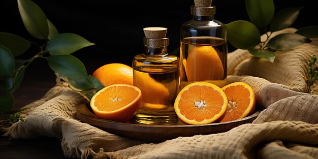 L'olio d'arancia è il miglior rimedio naturale per il trattamento della depressione, dell'insonnia e dello stress nervoso Composizione notturna con metà di arancia e olio d'aranzia in un barattolo su tessuti