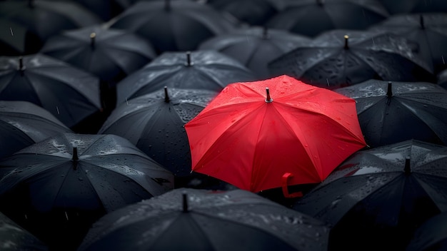L'ombrello rosso si distingue dalla folla di ombrelli neri si distingue e il concetto di leadership